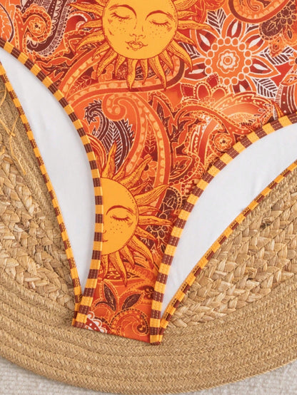 Swim Mod 2026 New Women's Summer Beach Beach Vacation Holiday Orange Paisley Print Spaghetti Strap Hollow Back Boho Starfish High Cut One-Piece Swimsuit