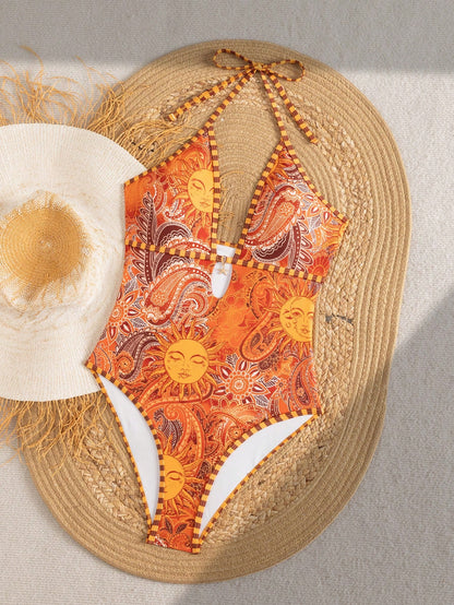 Swim Mod 2026 New Women's Summer Beach Beach Vacation Holiday Orange Paisley Print Spaghetti Strap Hollow Back Boho Starfish High Cut One-Piece Swimsuit