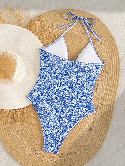 Swim Mod 2026 New Women's Summer Beach Beach Vacation Holiday Orange Paisley Print Spaghetti Strap Hollow Back Boho Starfish High Cut One-Piece Swimsuit
