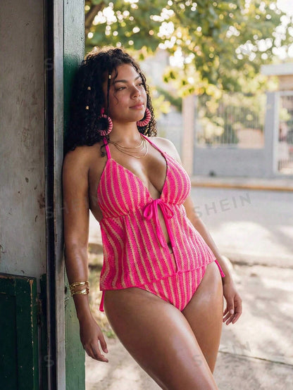 Swim Mod 2pcs Plus Size Women Textured Halter Neck Front Tie Triangle Bikini Swimwear