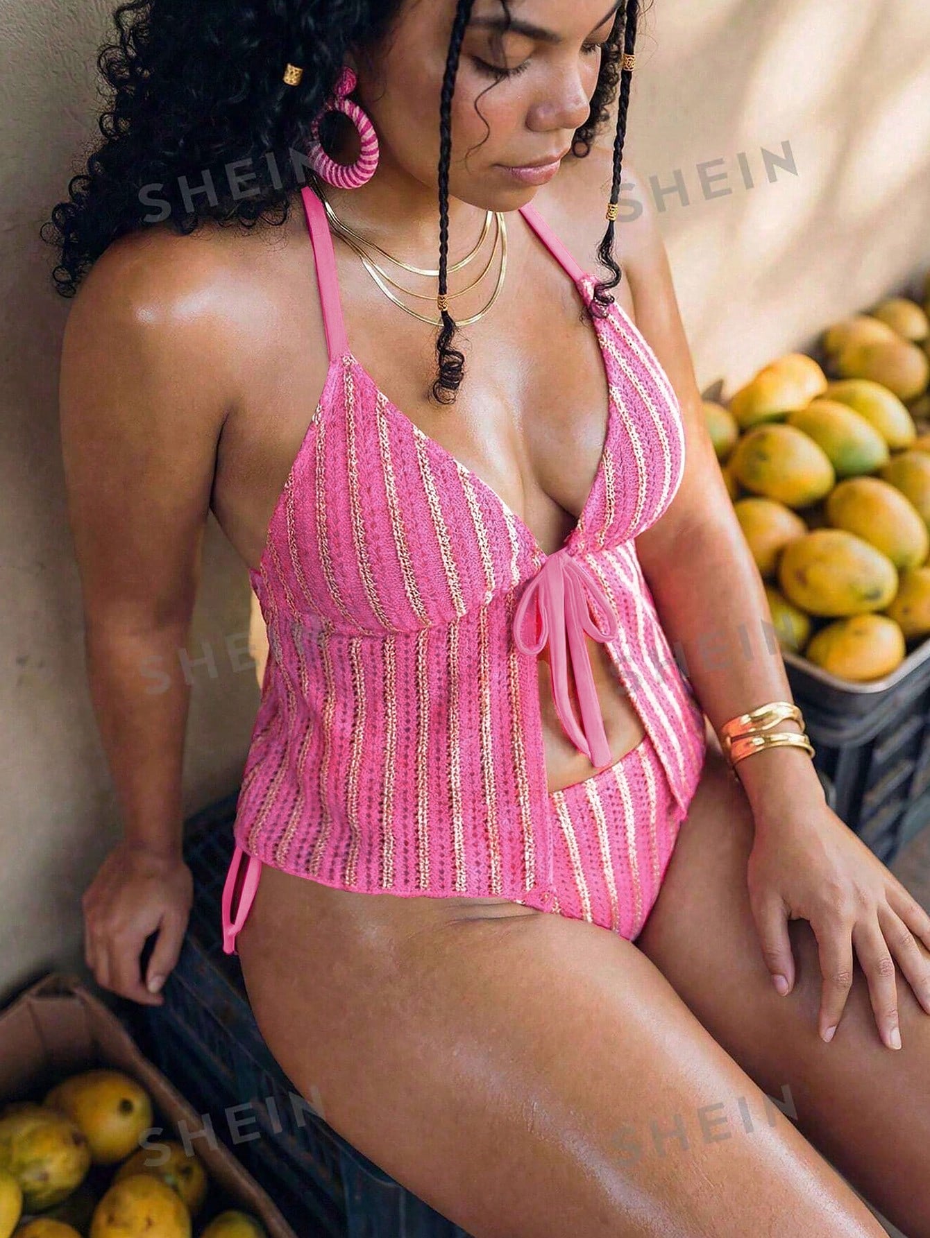 Swim Mod 2pcs Plus Size Women Textured Halter Neck Front Tie Triangle Bikini Swimwear