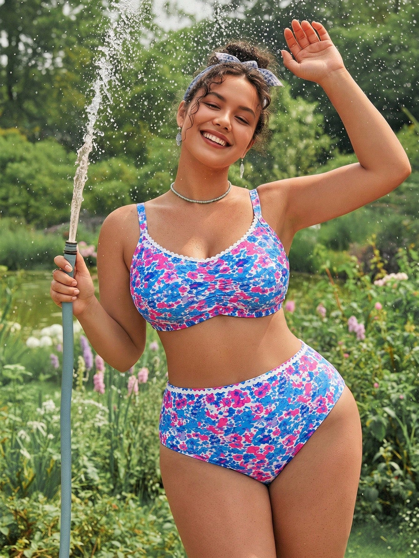 Swim Mod Plus Size 2-Piece Bikini Swimwear,Floral Print Removable Padded Adjustable Strap Ruched High-Waist,White,Summer,Boho,Bachelorette Party,Beach,Holiday