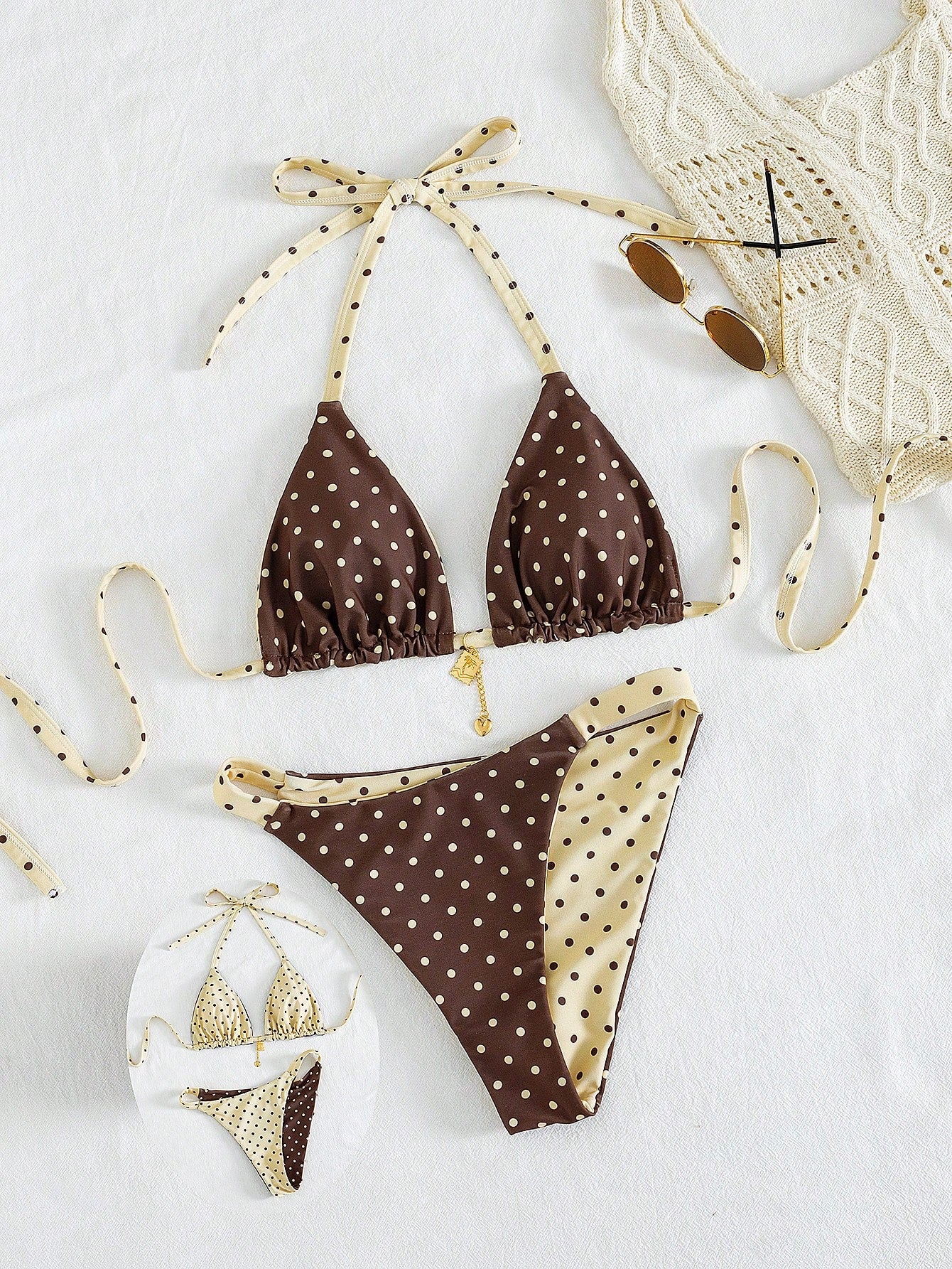 Swim Mod Plus Size 2-Piece Polka Dot Reversible Bikini Set,1920s Flapper Style Sweet Spaghetti Strap Women Swimwear For Summer,Beach,Holiday Vacation