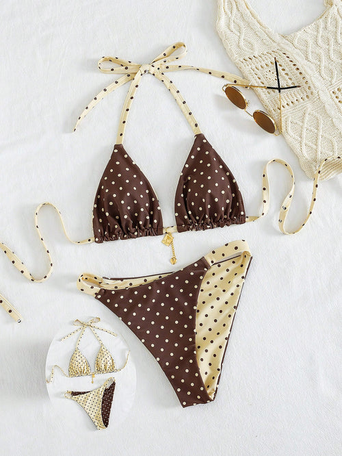 Swim Mod Plus Size 2-Piece Polka Dot Reversible Bikini Set,1920s Flapper Style Sweet Spaghetti Strap Women Swimwear For Summer,Beach,Holiday Vacation
