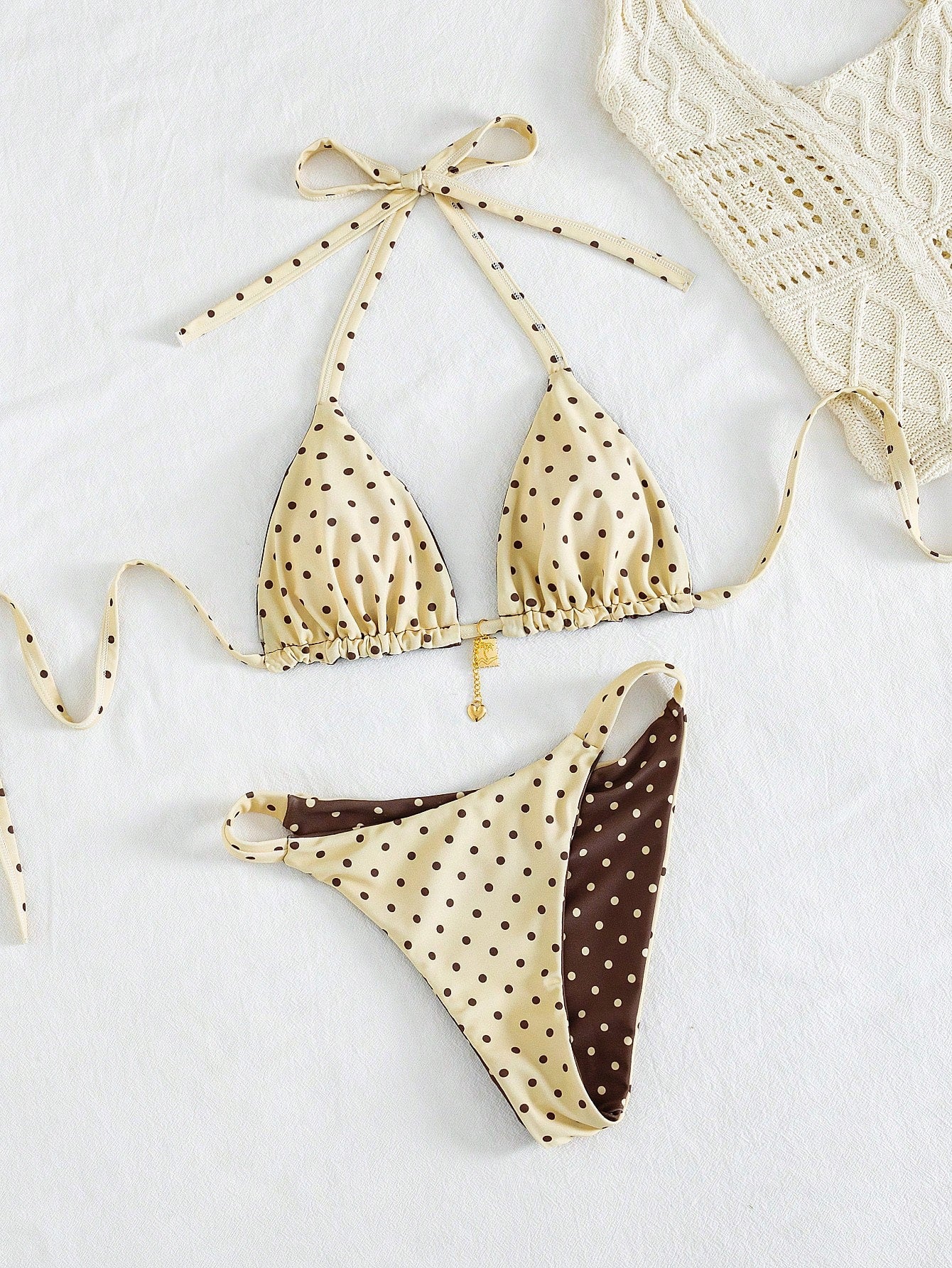Swim Mod Plus Size 2-Piece Polka Dot Reversible Bikini Set,1920s Flapper Style Sweet Spaghetti Strap Women Swimwear For Summer,Beach,Holiday Vacation
