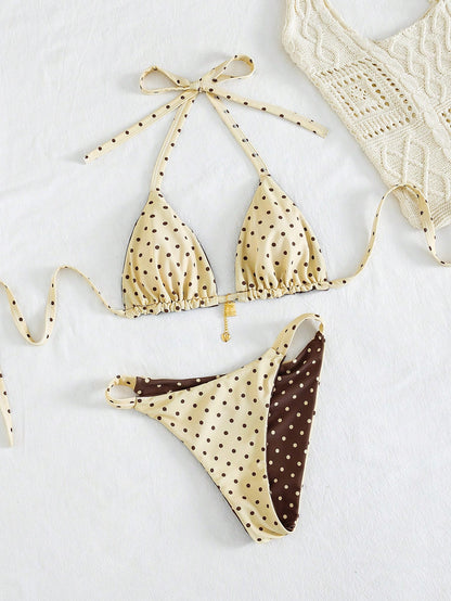 Swim Mod Plus Size 2-Piece Polka Dot Reversible Bikini Set,1920s Flapper Style Sweet Spaghetti Strap Women Swimwear For Summer,Beach,Holiday Vacation