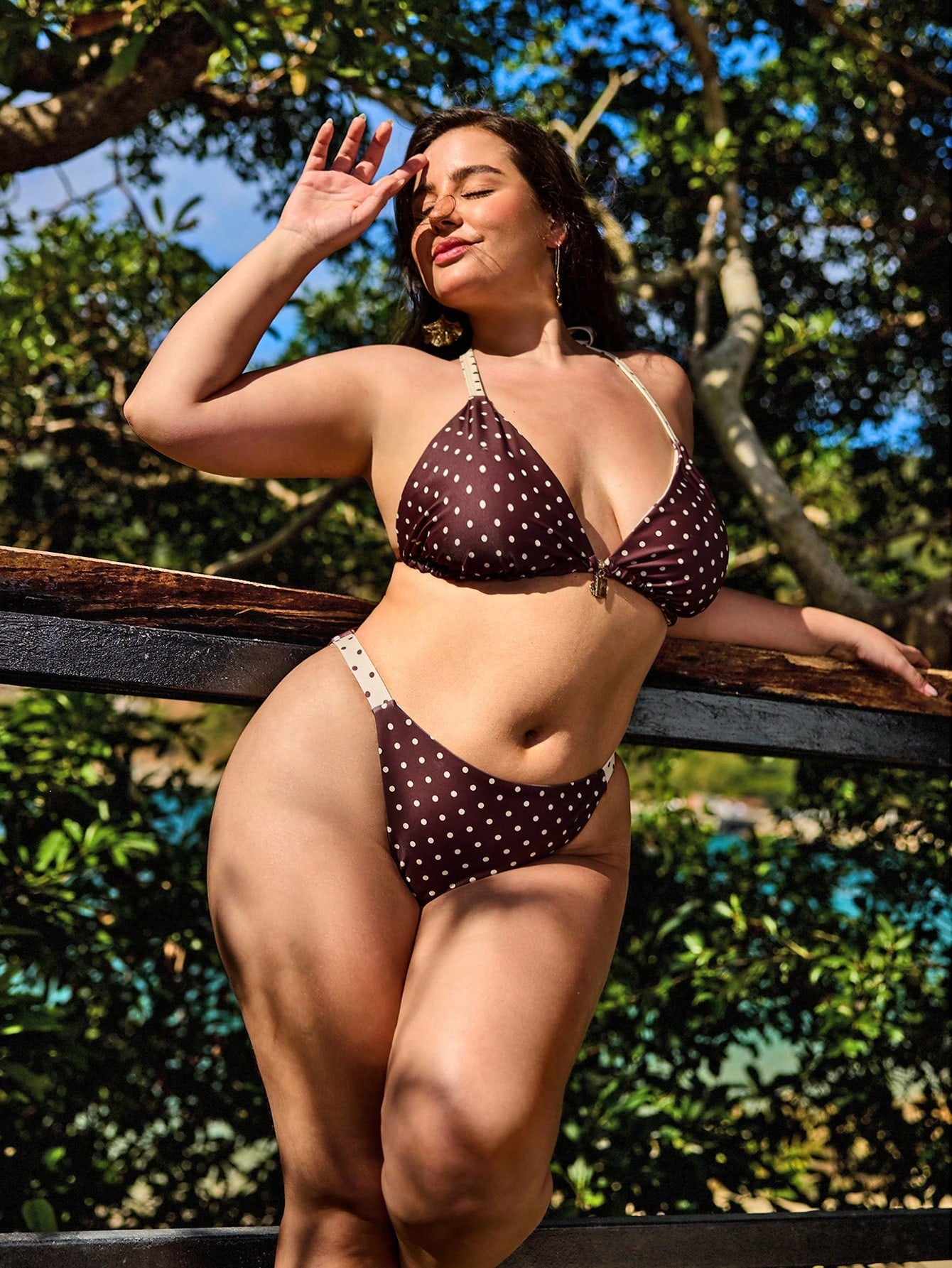 Swim Mod Plus Size 2-Piece Polka Dot Reversible Bikini Set,1920s Flapper Style Sweet Spaghetti Strap Women Swimwear For Summer,Beach,Holiday Vacation