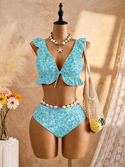 Swim Mod Plus Size Ditsy Floral Ruffle Trim Swimwear Set For Women