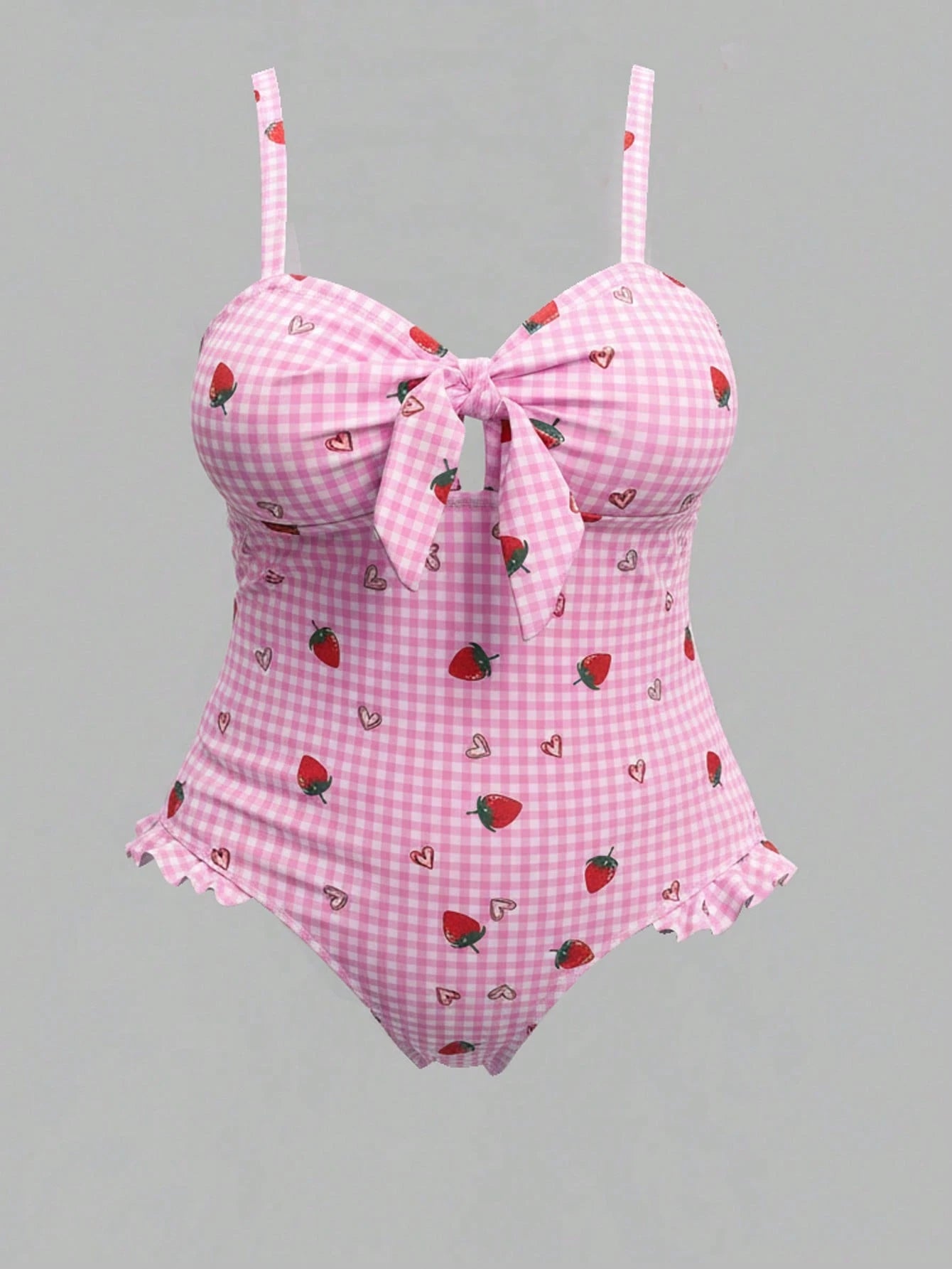 Swim Mod Plus Size Women 1-Piece Swimsuit With Blue Plaid, Heart & Strawberry Print, Flounce Hem, Cute & Sweet Style For Summer Beach Vacation