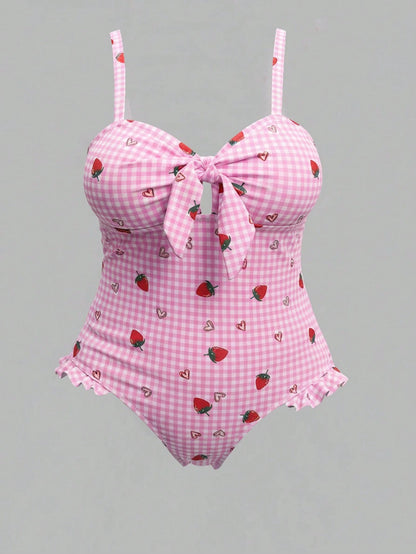 Swim Mod Plus Size Women 1-Piece Swimsuit With Blue Plaid, Heart & Strawberry Print, Flounce Hem, Cute & Sweet Style For Summer Beach Vacation