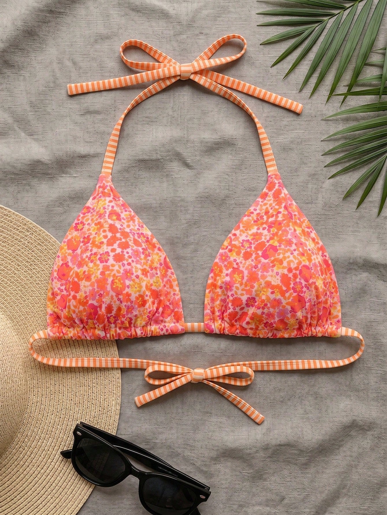 Swim Mod Plus Size Women Ditsy Floral Spaghetti Strap Backless Bikini Top Vacation Orange Summer