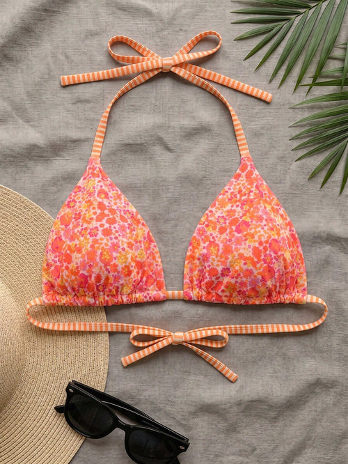 Swim Mod Plus Size Women Ditsy Floral Spaghetti Strap Backless Bikini Top Vacation Orange Summer
