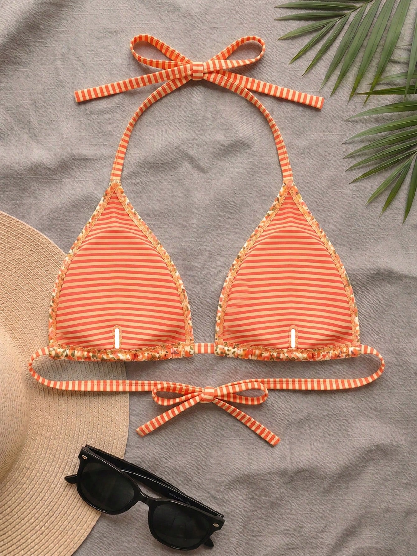 Swim Mod Plus Size Women Ditsy Floral Spaghetti Strap Backless Bikini Top Vacation Orange Summer