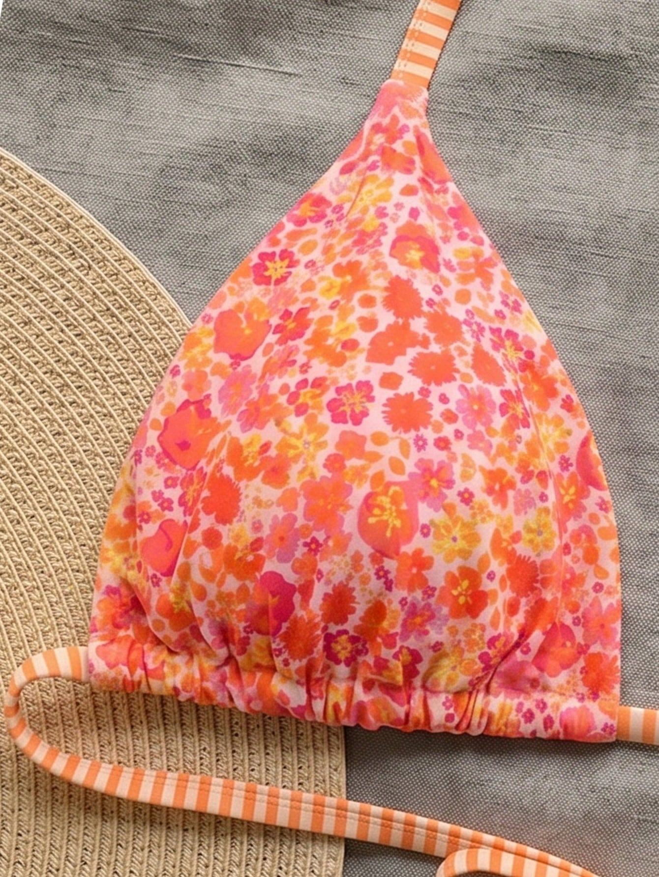 Swim Mod Plus Size Women Ditsy Floral Spaghetti Strap Backless Bikini Top Vacation Orange Summer