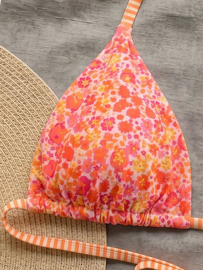 Swim Mod Plus Size Women Ditsy Floral Spaghetti Strap Backless Bikini Top Vacation Orange Summer
