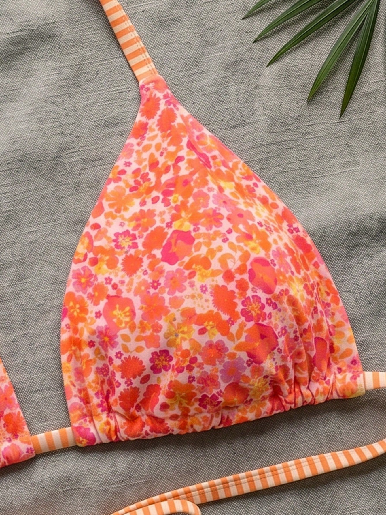 Swim Mod Plus Size Women Ditsy Floral Spaghetti Strap Backless Bikini Top Vacation Orange Summer