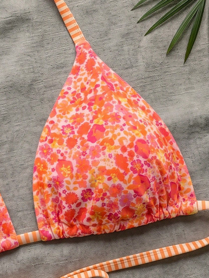Swim Mod Plus Size Women Ditsy Floral Spaghetti Strap Backless Bikini Top Vacation Orange Summer
