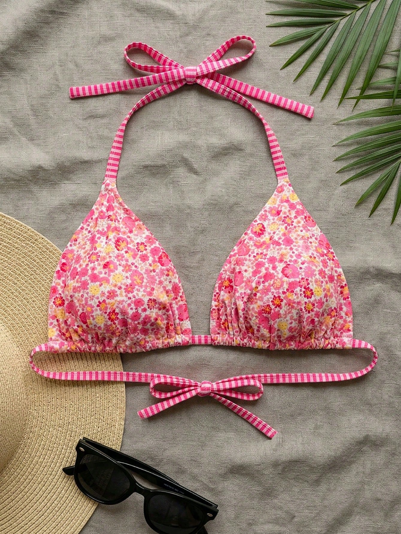 Swim Mod Plus Size Women Ditsy Floral Spaghetti Strap Backless Bikini Top Vacation Orange Summer