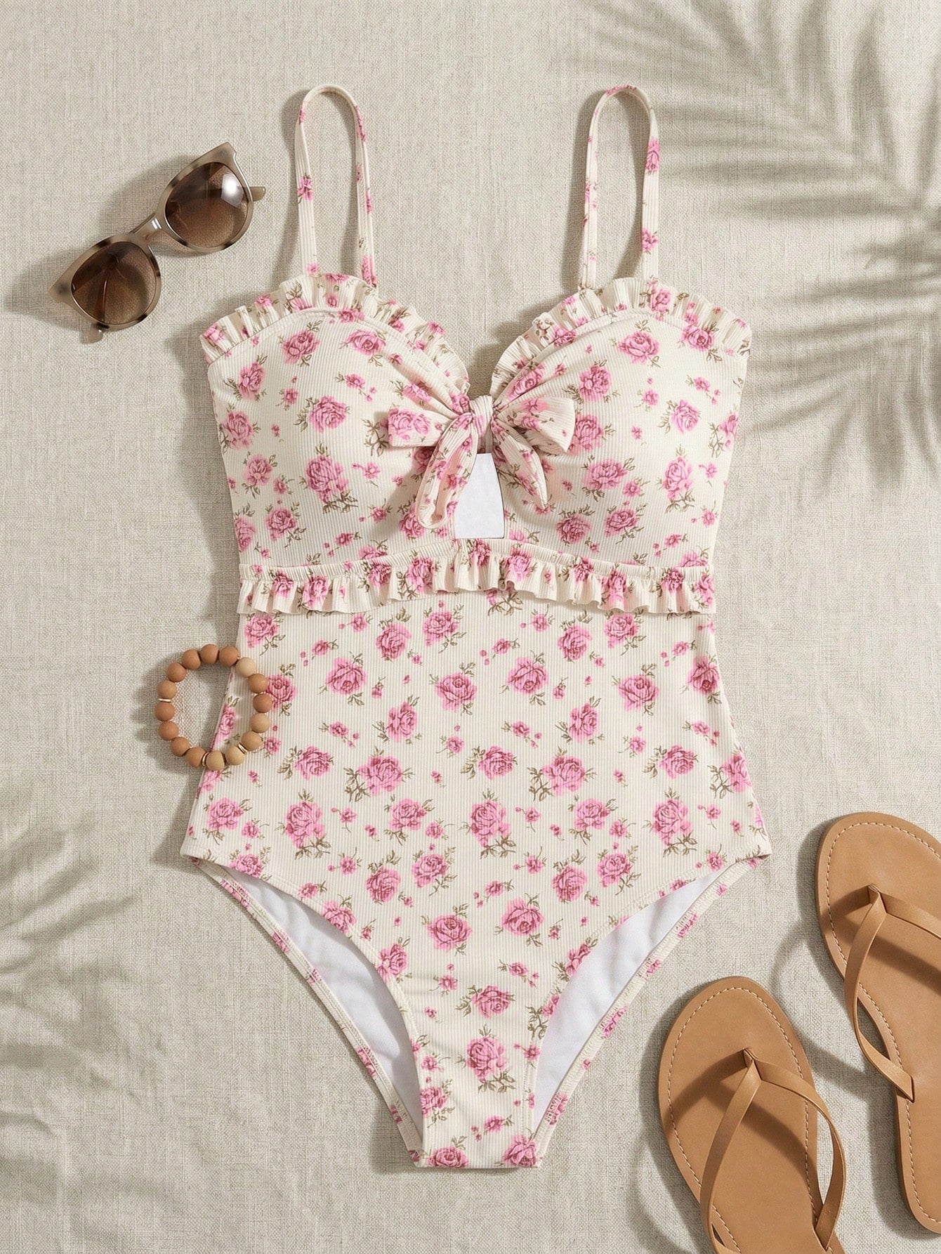 Swim Mod Plus Size Women's Floral Print Bandeau Bow Tie One-Piece Swimsuit,White,Summer,Fairy,Flowy,Beach,Holiday Sweet Bathing Suits For Curvy Beachwear