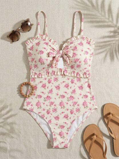 Swim Mod Plus Size Women's Floral Print Bandeau Bow Tie One-Piece Swimsuit,White,Summer,Fairy,Flowy,Beach,Holiday Sweet Bathing Suits For Curvy Beachwear