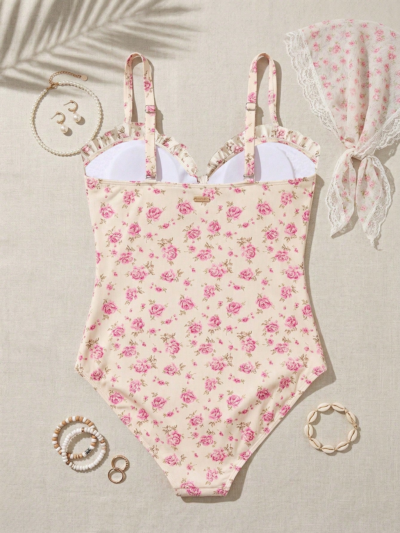 Swim Mod Plus Size Women's Floral Print Bandeau Bow Tie One-Piece Swimsuit,White,Summer,Fairy,Flowy,Beach,Holiday Sweet Bathing Suits For Curvy Beachwear
