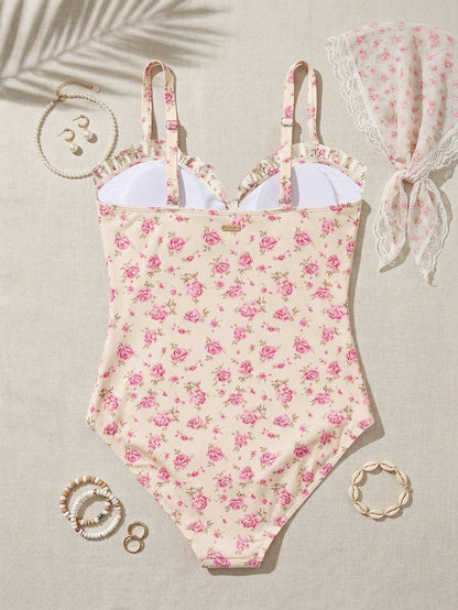 Swim Mod Plus Size Women's Floral Print Bandeau Bow Tie One-Piece Swimsuit,White,Summer,Fairy,Flowy,Beach,Holiday Sweet Bathing Suits For Curvy Beachwear