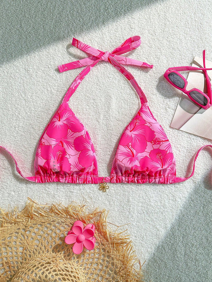 Swim Mod Plus Size Women's Summer Tropical Floral Decorated Fashionable Energetic Halter Tankini Top