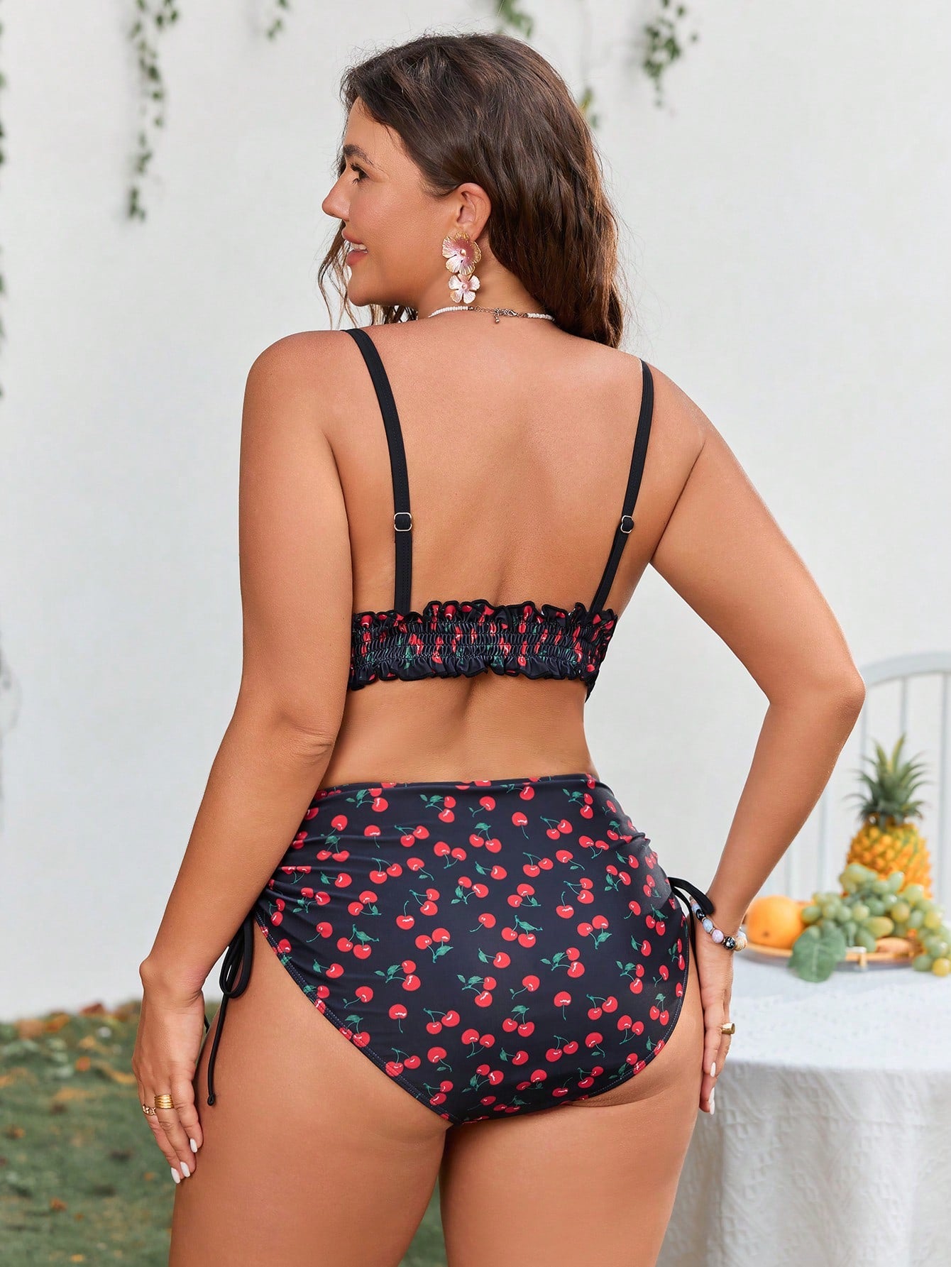Swim Mod Plus Size Women's Sweet & Cute Minimalist Beach Holiday Black Background Red Cherry Random Print Shirred Drawstring Hem 2-Piece Swimwear Set