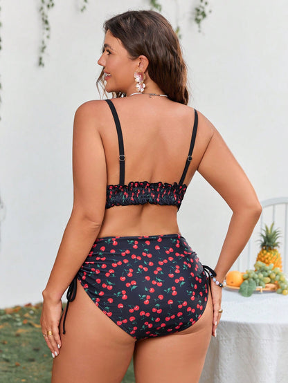 Swim Mod Plus Size Women's Sweet & Cute Minimalist Beach Holiday Black Background Red Cherry Random Print Shirred Drawstring Hem 2-Piece Swimwear Set
