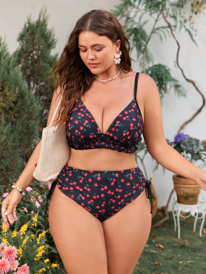 Swim Mod Plus Size Women's Sweet & Cute Minimalist Beach Holiday Black Background Red Cherry Random Print Shirred Drawstring Hem 2-Piece Swimwear Set
