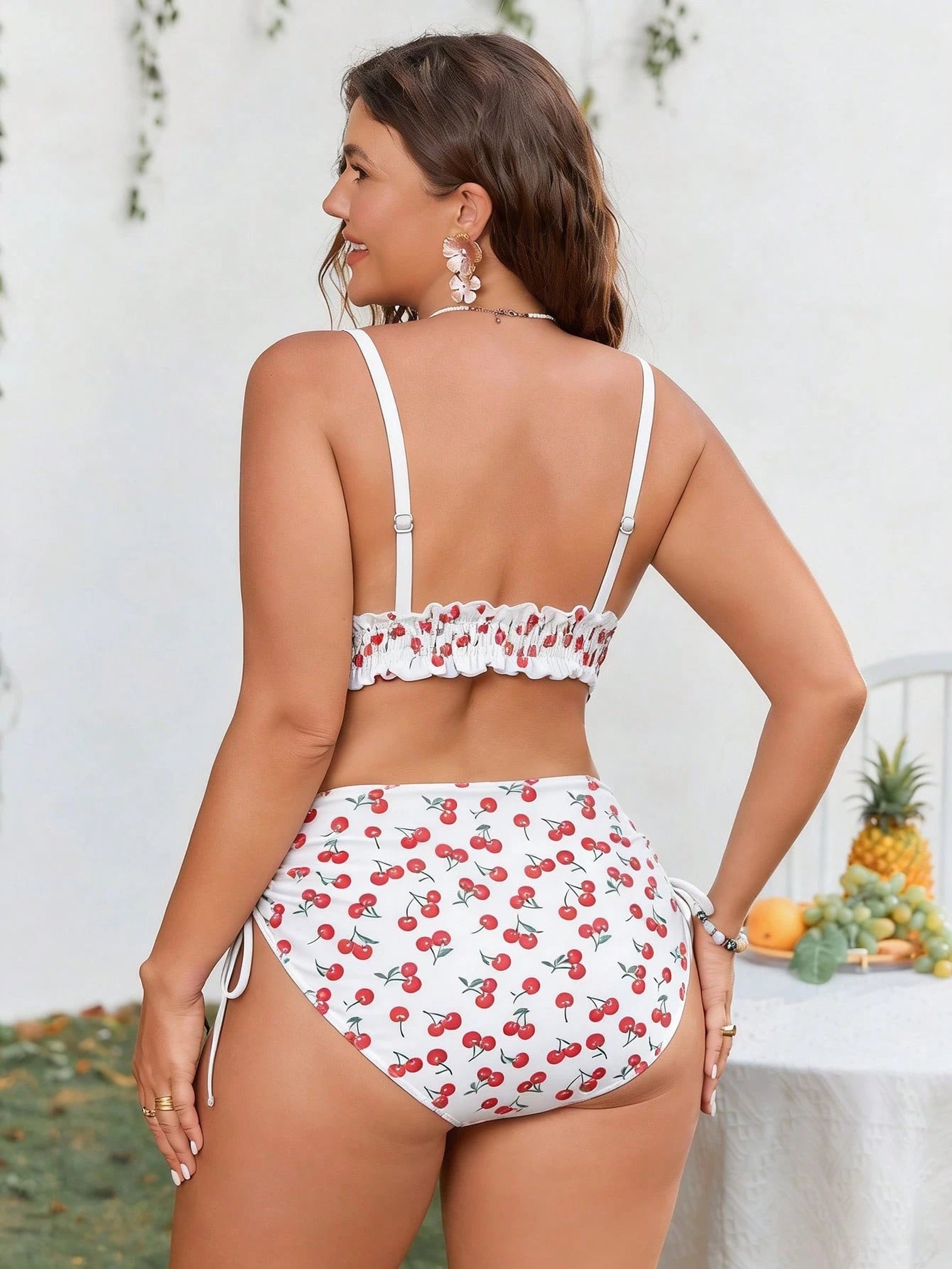 Swim Mod Plus Size Women's Sweet & Cute Minimalist Beach Holiday Black Background Red Cherry Random Print Shirred Drawstring Hem 2-Piece Swimwear Set