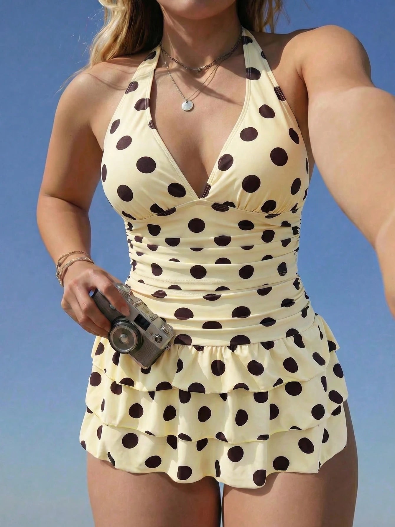 Swim Mod Plus Size Women's Sweet Cute Minimalist Beach Vacation Yellow Base Brown Polka Dot Random Print Halter Neck Tie V-Neck Skirt 3pcs Tank Bikini Set