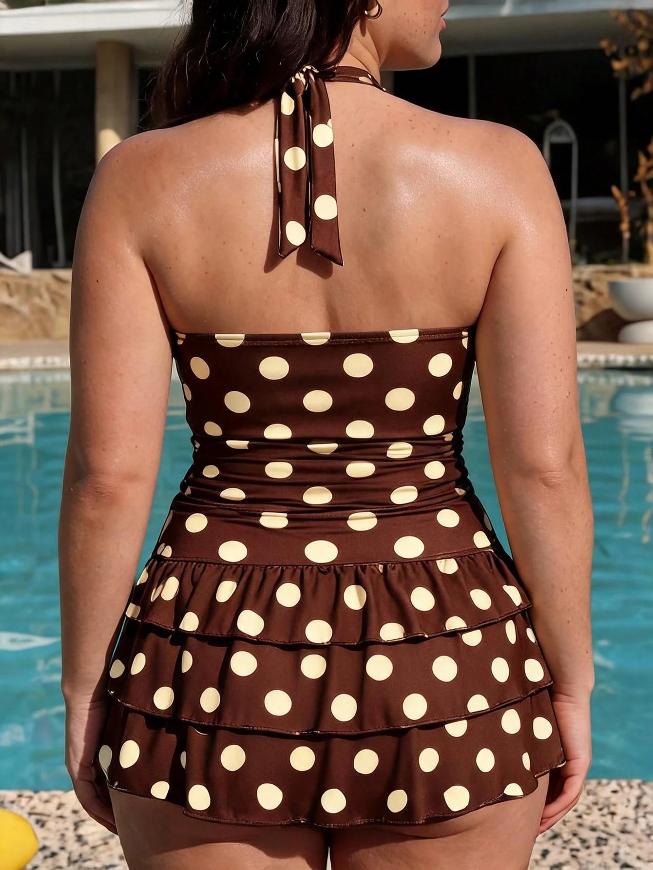 Swim Mod Plus Size Women's Sweet Cute Minimalist Beach Vacation Yellow Base Brown Polka Dot Random Print Halter Neck Tie V-Neck Skirt 3pcs Tank Bikini Set