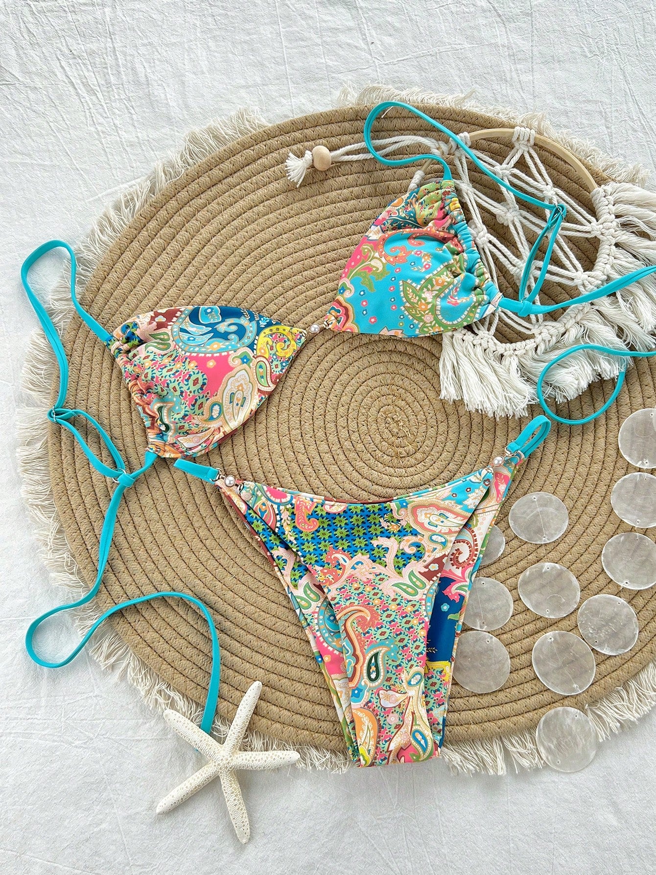 Swim Mod Women Halter Tie-Up Bikini Set, Pink Summer Boho Tropical Beach Vacation Crochet Hot Spring Swimwear, Gorgeous Ambiance Cruise Travel Wear