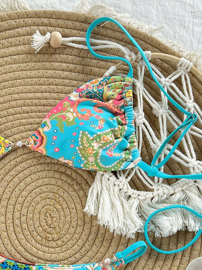 Swim Mod Women Halter Tie-Up Bikini Set, Pink Summer Boho Tropical Beach Vacation Crochet Hot Spring Swimwear, Gorgeous Ambiance Cruise Travel Wear