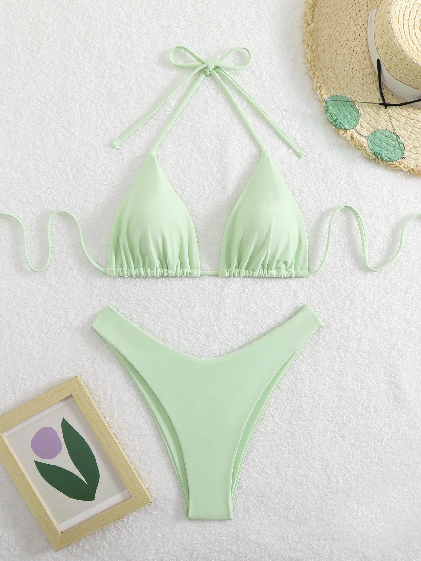 Swim Mod Women's Solid Color Halter Neck Bikini Set, Simple & Fashionable For Casual Beach Everyday Wear For Summer Beach Vacation