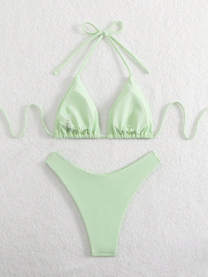 Swim Mod Women's Solid Color Halter Neck Bikini Set, Simple & Fashionable For Casual Beach Everyday Wear For Summer Beach Vacation
