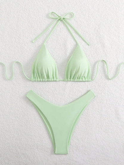 Swim Mod Women's Solid Color Halter Neck Bikini Set, Simple & Fashionable For Casual Beach Everyday Wear For Summer Beach Vacation