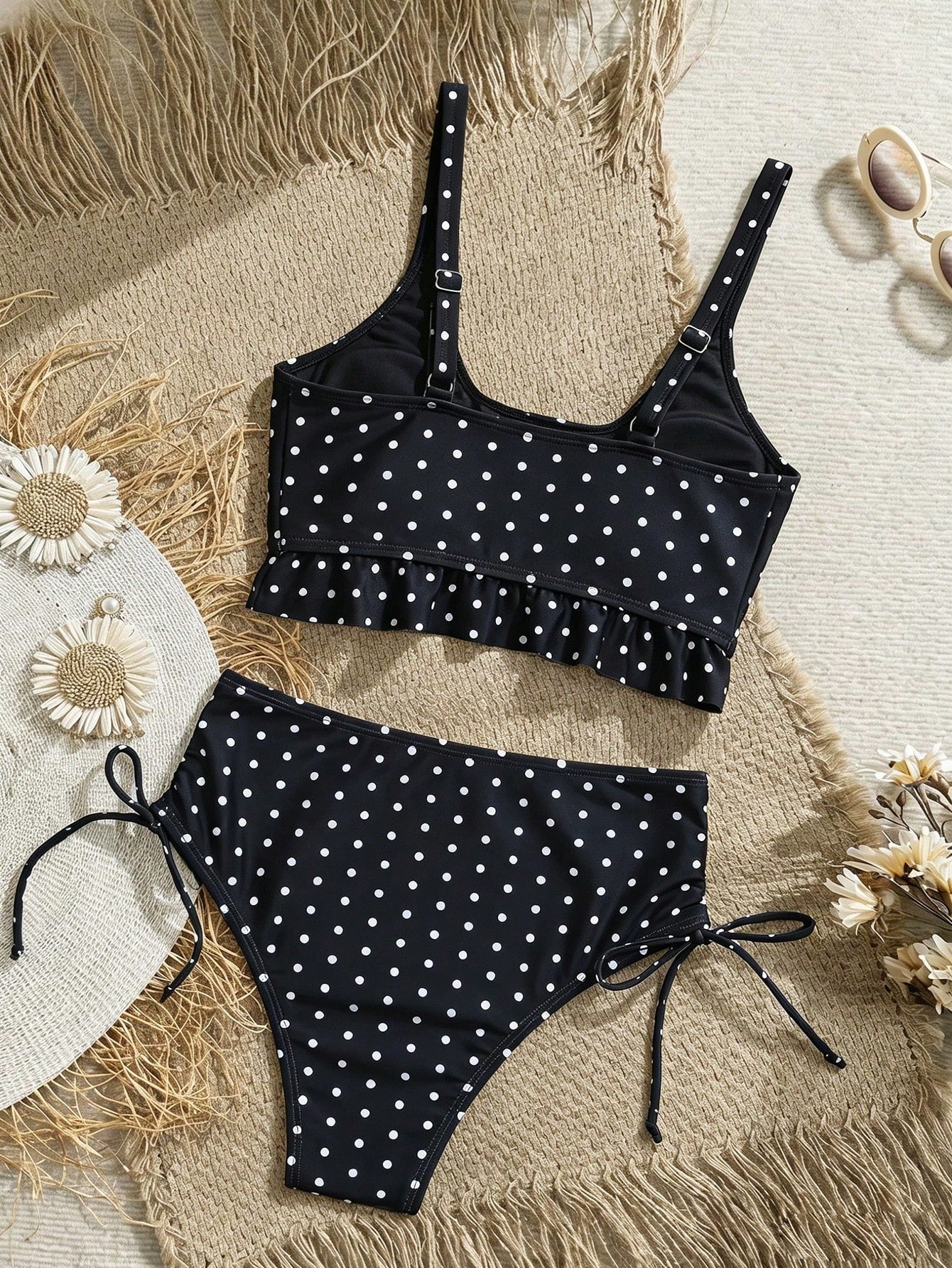 Swim Mod Women's Summer Beach Holiday Polka Dot Print Ruffle Hem Drawstring Sexy Tank Top Bikini