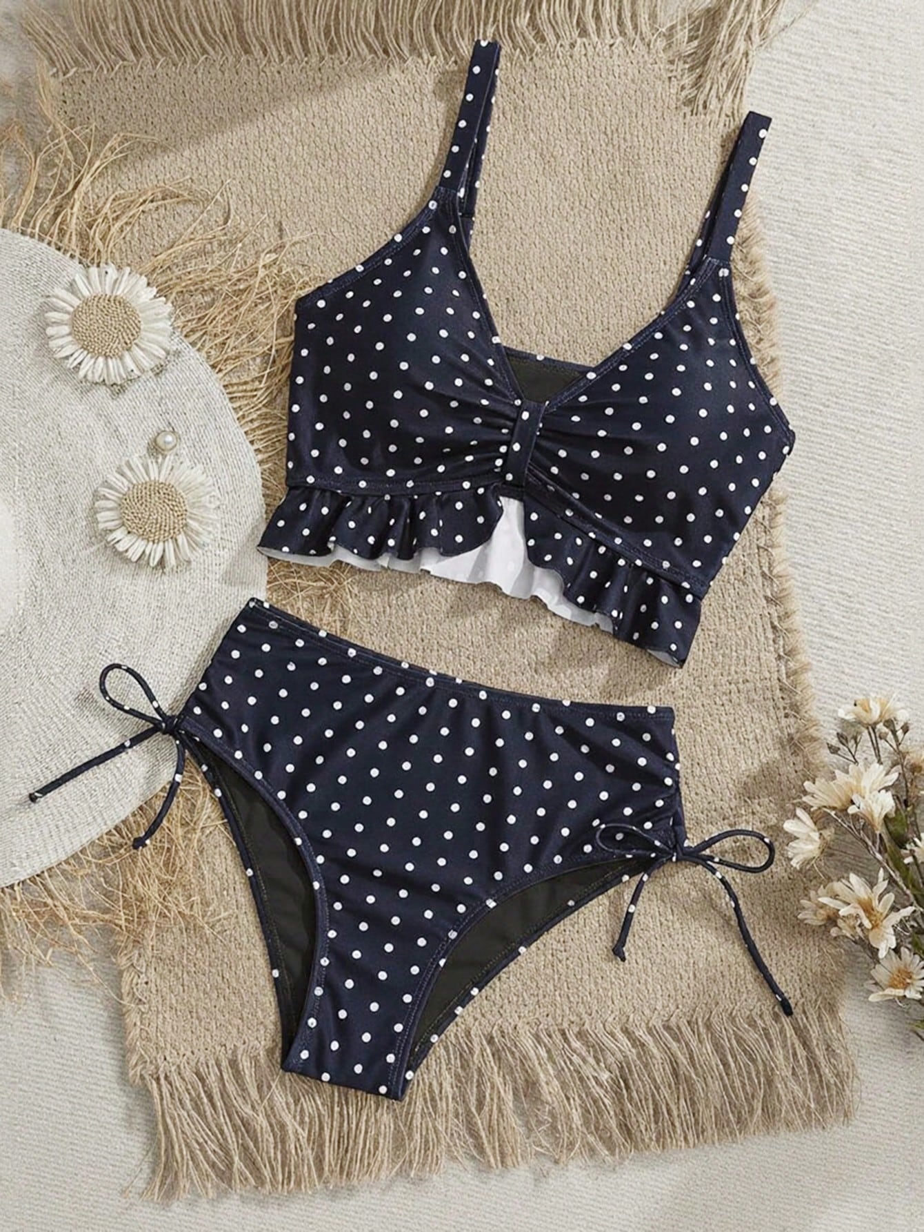 Swim Mod Women's Summer Beach Holiday Polka Dot Print Ruffle Hem Drawstring Sexy Tank Top Bikini