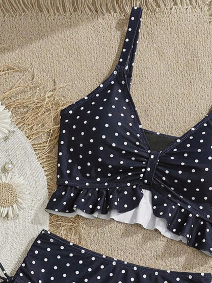Swim Mod Women's Summer Beach Holiday Polka Dot Print Ruffle Hem Drawstring Sexy Tank Top Bikini
