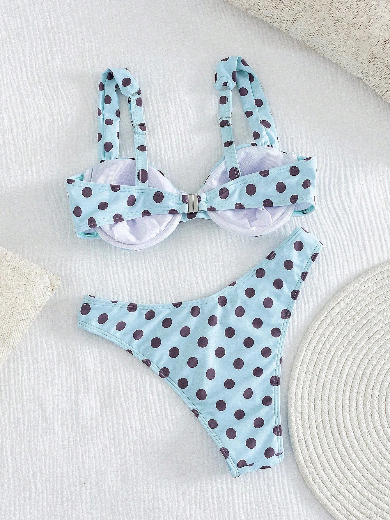 Swim Mod Women's Summer Sky Blue Polka Dot Bikini, Retro Cute Girl Vibe, Slimming Beach Vacation Swimwear Set, Romantic Fit For Sunny Beach And Pool Party