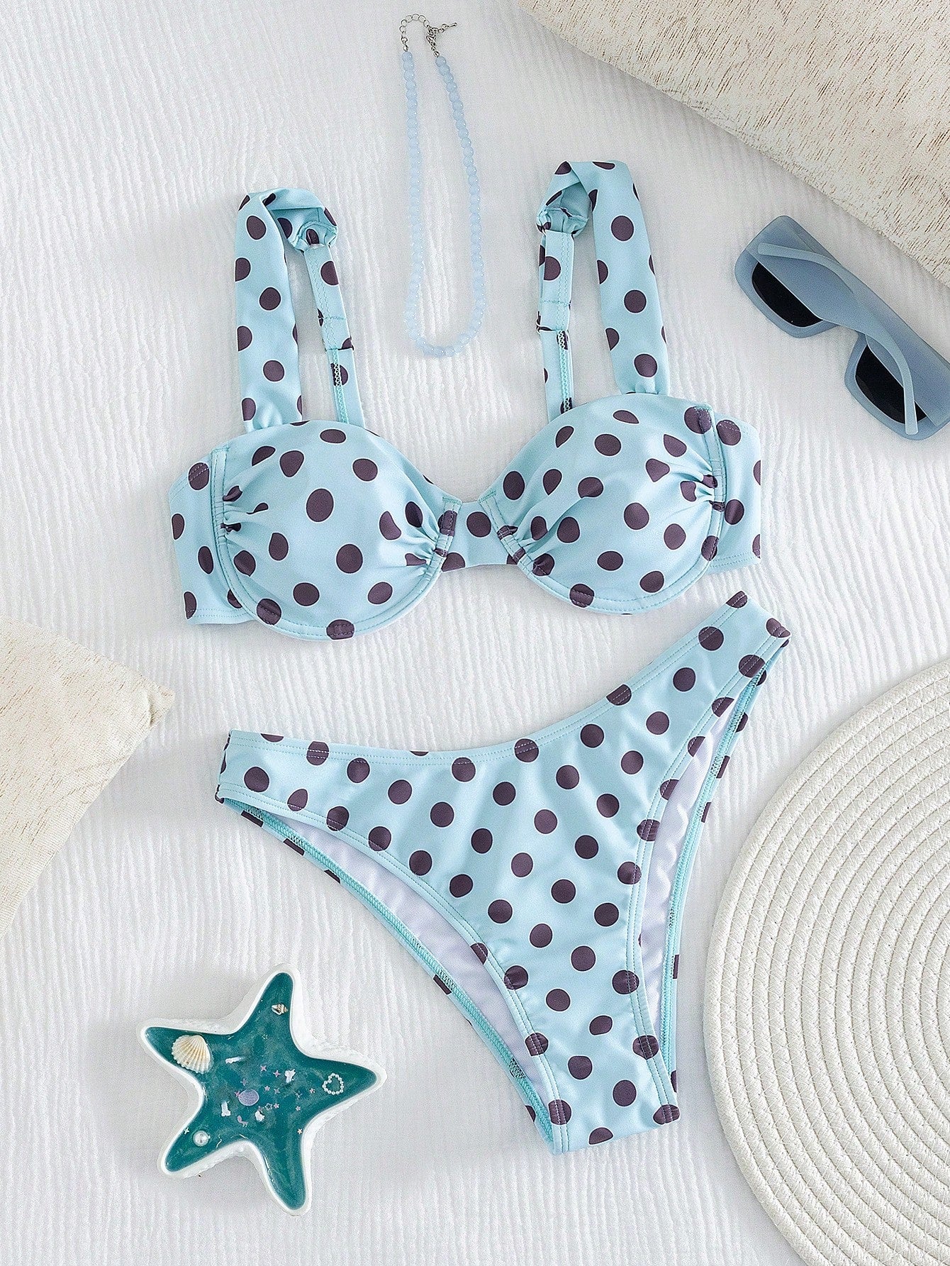 Swim Mod Women's Summer Sky Blue Polka Dot Bikini, Retro Cute Girl Vibe, Slimming Beach Vacation Swimwear Set, Romantic Fit For Sunny Beach And Pool Party
