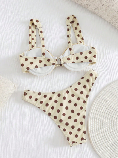 Swim Mod Women's Summer Sky Blue Polka Dot Bikini, Retro Cute Girl Vibe, Slimming Beach Vacation Swimwear Set, Romantic Fit For Sunny Beach And Pool Party
