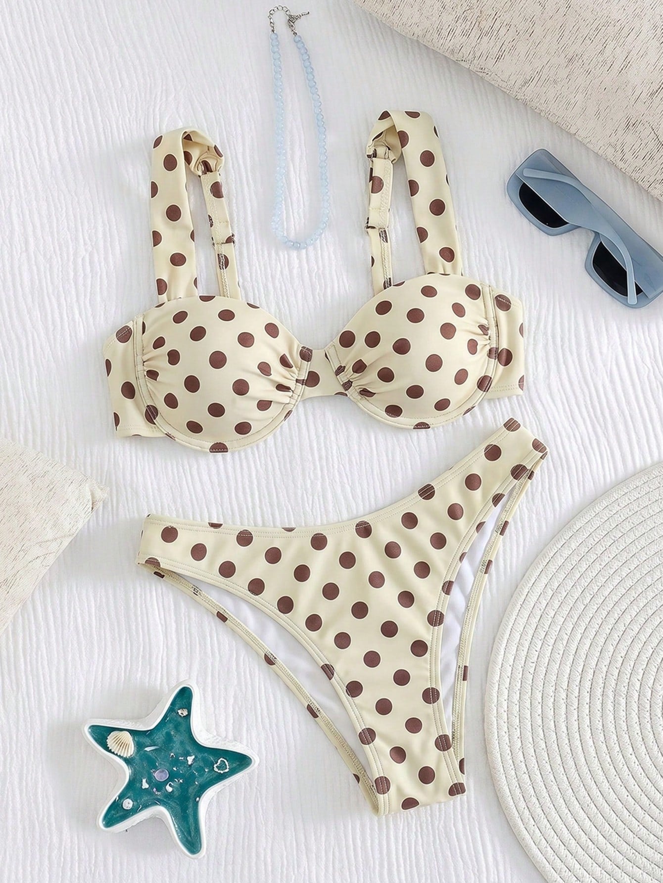 Swim Mod Women's Summer Sky Blue Polka Dot Bikini, Retro Cute Girl Vibe, Slimming Beach Vacation Swimwear Set, Romantic Fit For Sunny Beach And Pool Party
