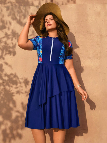 Swim Mulvari Plus Size Women 2pcs Random Print Half Sleeve Zipper Front Loose Split Dress With Solid Color Shorts Modest Swimwear Set