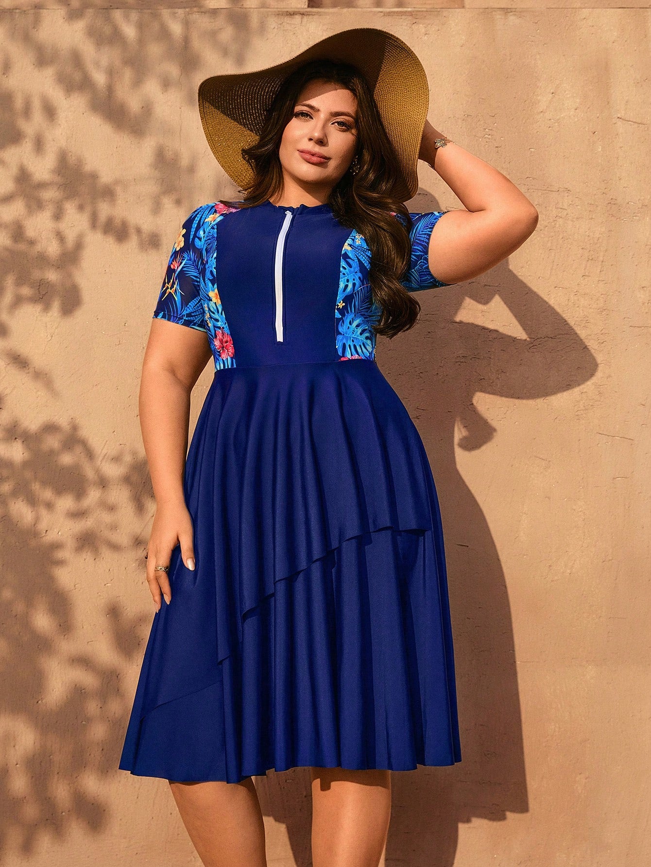 Swim Mulvari Plus Size Women 2pcs Random Print Half Sleeve Zipper Front Loose Split Dress With Solid Color Shorts Modest Swimwear Set