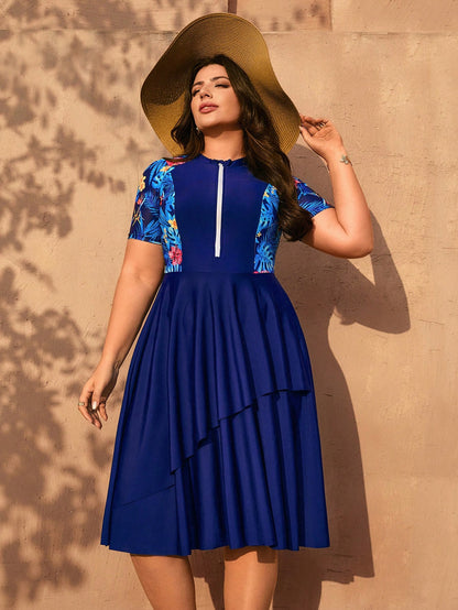 Swim Mulvari Plus Size Women 2pcs Random Print Half Sleeve Zipper Front Loose Split Dress With Solid Color Shorts Modest Swimwear Set