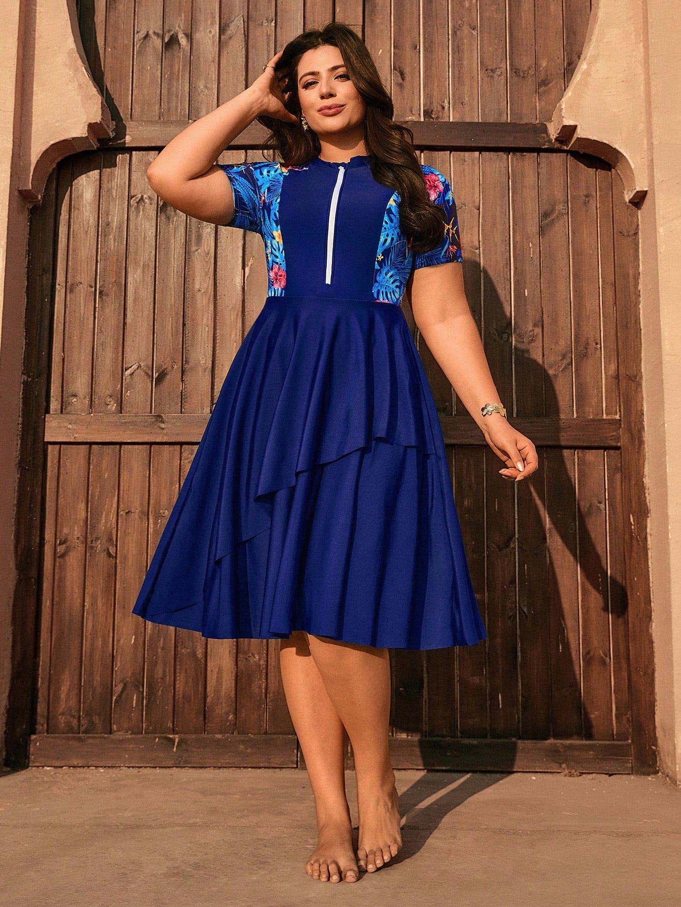 Swim Mulvari Plus Size Women 2pcs Random Print Half Sleeve Zipper Front Loose Split Dress With Solid Color Shorts Modest Swimwear Set