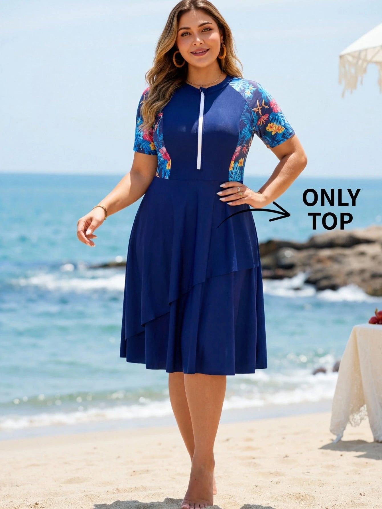 Swim Mulvari Plus Size Women Random Print Long Modest Multi-Tier Skirt Flowy Tummy Concealing Burkini Top